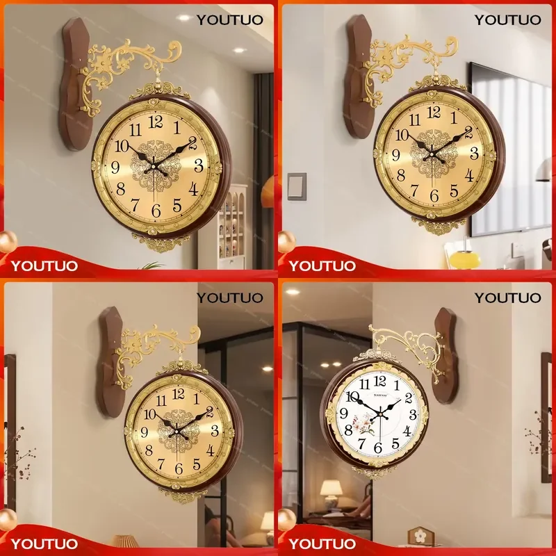 Relógio de Parede Antigo Silencioso de Dois Lados, Design Europeu em Ferro, Arte de Parede Elegante com Números Romanos para Sala de Estar e Jantar, D