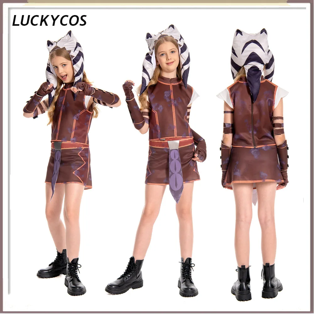 Asoka Cosplay Costume Kids Children Movie Space Battle Roleplay Knight Dress Hat Clothing Halloween Carnival Party Fantasia Suit