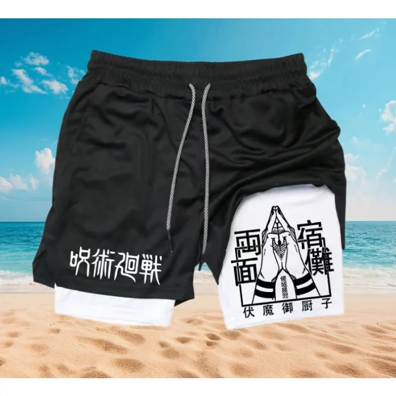 กางเกงขาสั้นผู้ชายแบบสองชั้นพิมพ์ลายดิจิทัลสำหรับฤดูร้อน เหมาะสำหรับออกกำลังกาย ฟิตเนส เล่นกีฬา แห้งเร็ว ระบายอากาศได้ดี 2 in 1