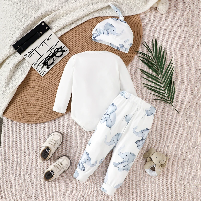 رومبير مطبوع عليه أحرف طويلة الأكمام للأولاد الصغار ، طقم بنطلون وقبعات مطبوع عليها فيل ، ملابس ، ملابس للربيع ، 3 من ملابس الربيع