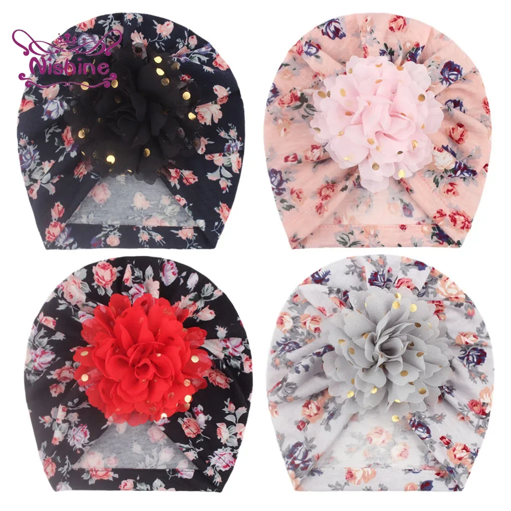 1PCS Printted Flower Baby Girl Hats Gold Dot Floral Kid Caps Infant Princess Turban Bonnet Newborn Photography Props