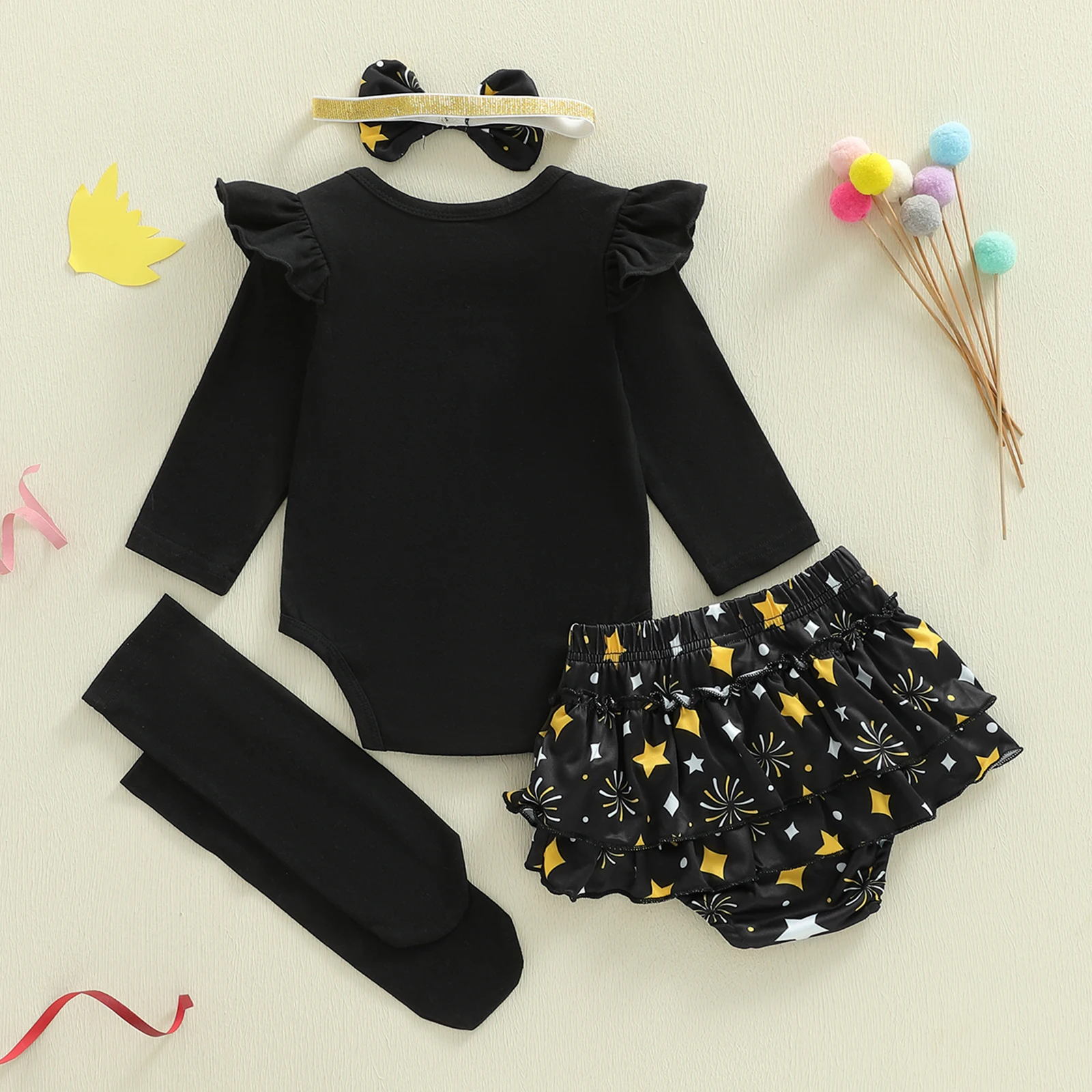 طفلة بلدي 1st السنة الجديدة الزي لطيف كم طويل خطابات مطبوعة رومبير مع كشكش Skort عقال جوارب مجموعات الطفل