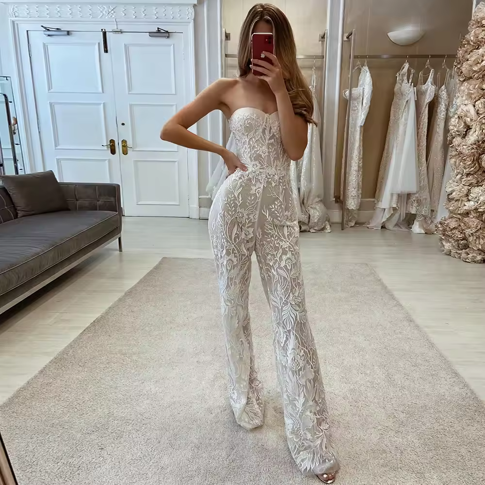 Laço de casamento calça ternos para noivas querida applique sem mangas sexy macacões de casamento feminino marfim longo elegante vestido formal