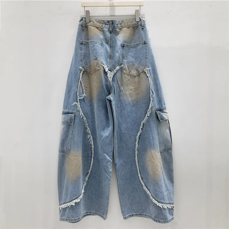 ANJY Spring Autumn New Women Tide American Safari Style Washed Patchwork Jeans Distressed Loose Wide-Leg Chic Denim Pants A24688