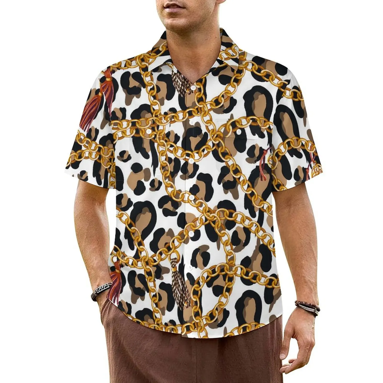 

Golden Chains Vacation Shirt Leopard Print Hawaiian Casual Shirts Man Novelty Blouses Short Sleeve Comfortable Pattern Top