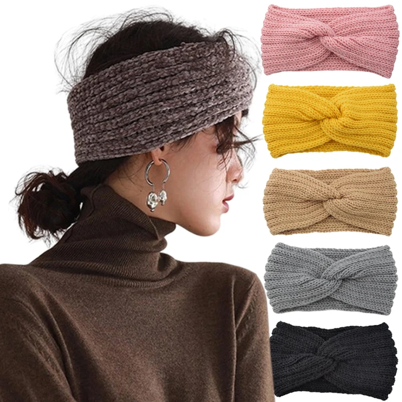 1pc Winter Solid Warm Knitted Handmade Headbands for Women Girls Fashion Wool Wide Elastic Hairbands Female Headwear Accessories