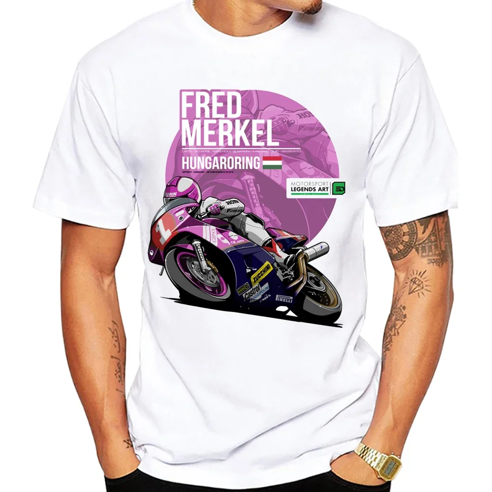 Fred Merkel - 1989 Hungaroring GP Racing T-Shirt New Men Short Sleeve Cool Boy GS Adventure Motorcycle Rider Tees White Tshirts