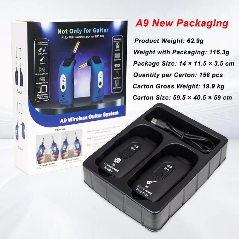 2026 New A9 2.4GHz Rechargeable Wireless Guitar System Guitar Transmitter and Receiver Pack Electric Wind Instrument Pickup Type