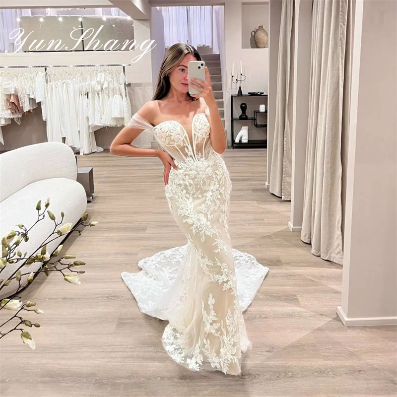 Yunshang elegante sereia vestido de casamento feminino aberto volta renda querida fora do ombro vestido de noiva novia personalizado