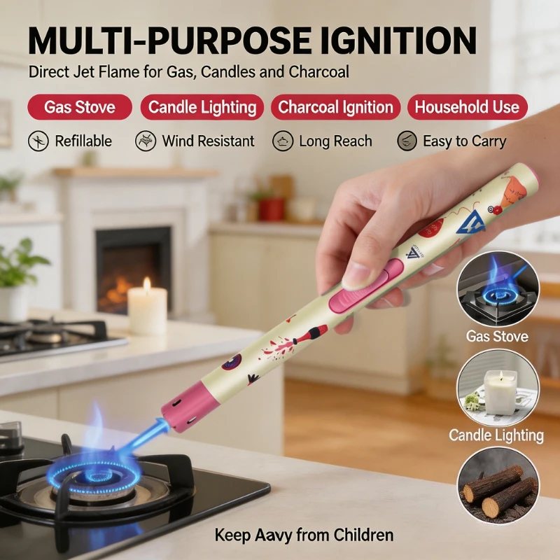 Cute Dopamine‑Colored Butane Gas Lighter, Long‑Handle Spray‑Gun Structure, Stable Wind‑Proof Blue Flame Output
