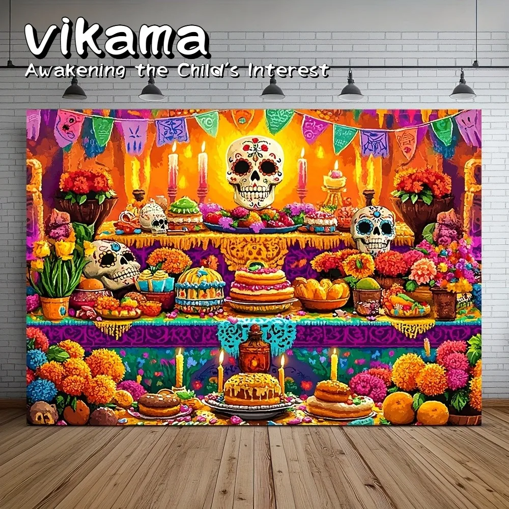 VIKAMA Day of the Dead Wandteppich, mexikanisches Banner mit Zuckerschädel-Blumendruck, perfekt für den Tag der Toten, Hochzeiten und Geburtstage