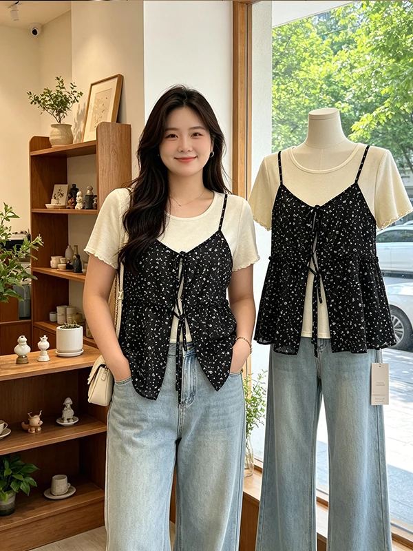 

plus Size Women's Summer Floral Print Halter Neck Short Sleeve T-Shirt Set Korean Style Wooden Button Detail Two Piece Outfit
