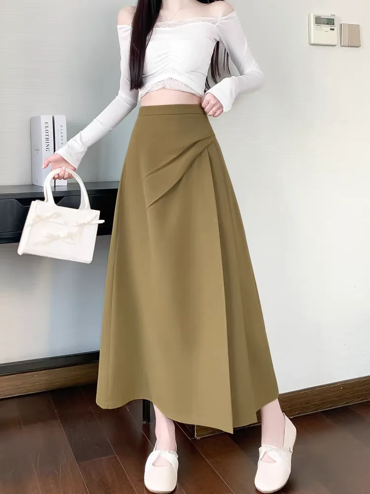 Women's Khaki Tailored Midi Skirt High Waist Slimming Cut Pleated A-Line with Asymmetric Circle Flare for Fall Spring