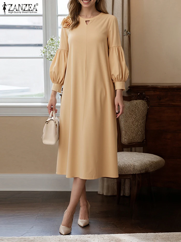 

ZANZRA Elegant Dress Women Office Lady Sundress 2025 Autumn 3/4 Sleeve Hollow Out Vestidos Solid Casual Loose O Neck Robe