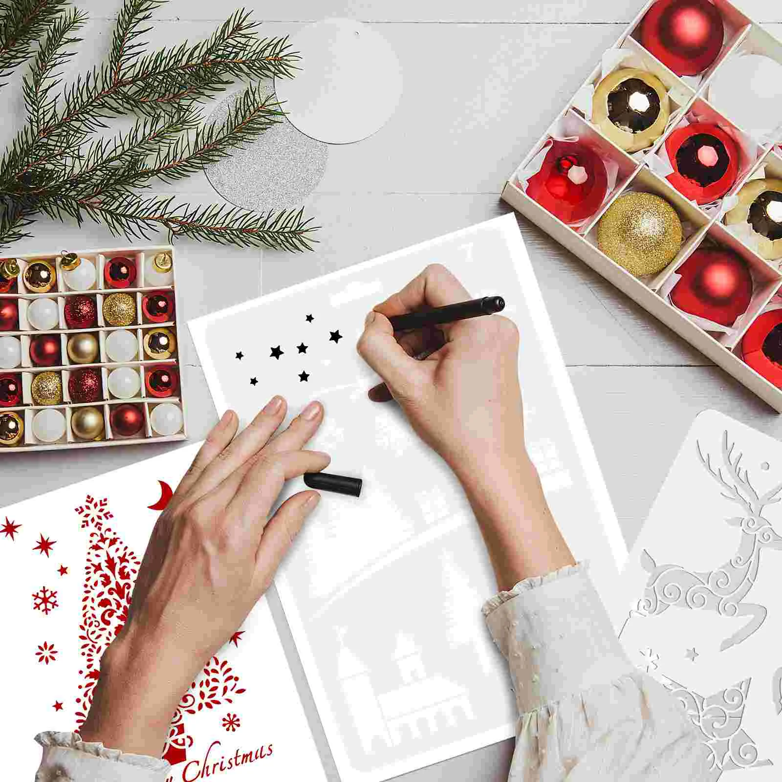 12 Pcs Merry Christmas Stencils Decor for Painting Tree Card Making White Drawing