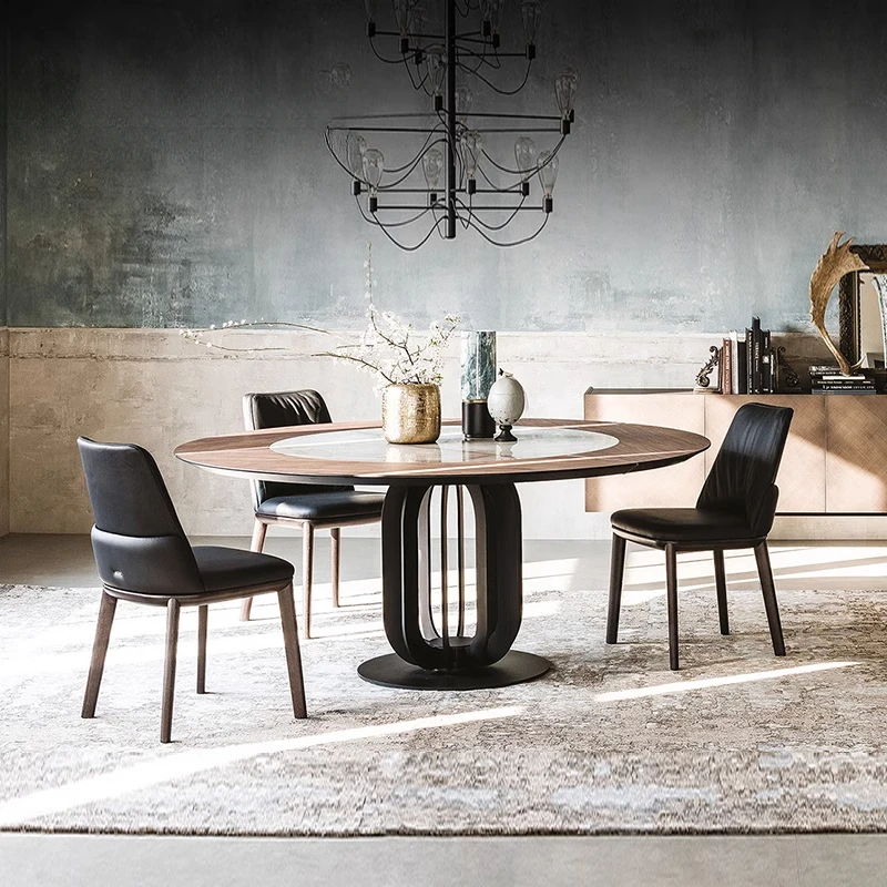 Round dining table Rotating disc Light luxury Black Deli Fengyan Minimalist high-end dining table Household