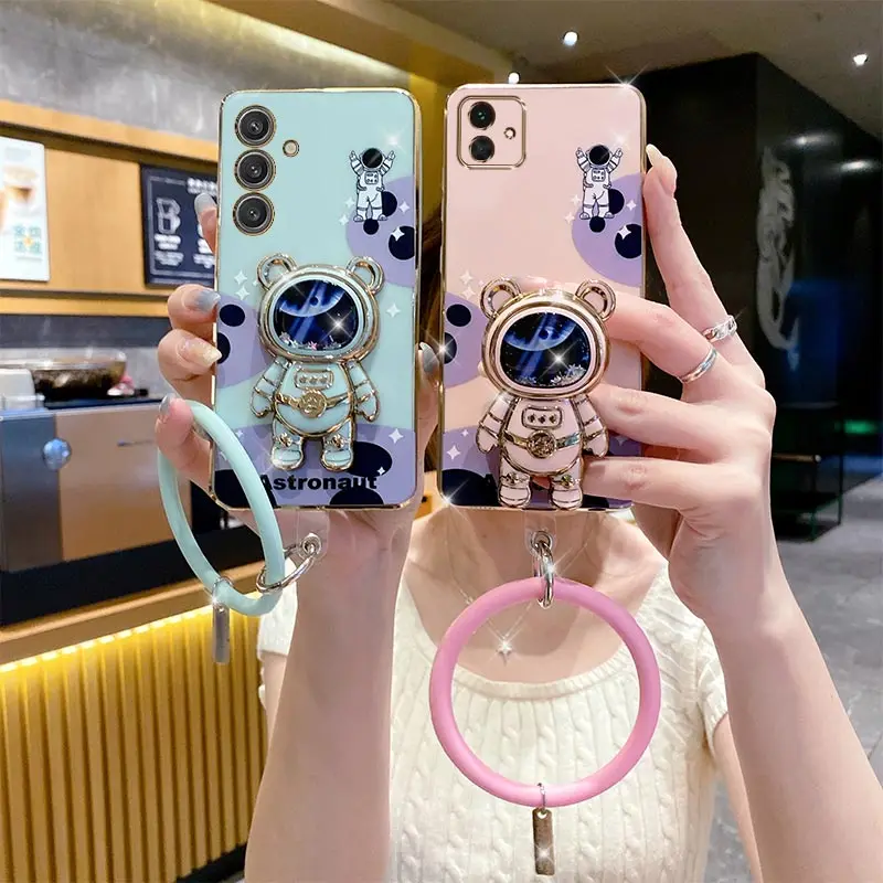 A55 Cheering Astronaut Holder Plating Phone Case For SamsungA55 A53 A54 A50S A52 A51 A50 A52S A30S A72 A73 A91 A70 A71 A34 Cover