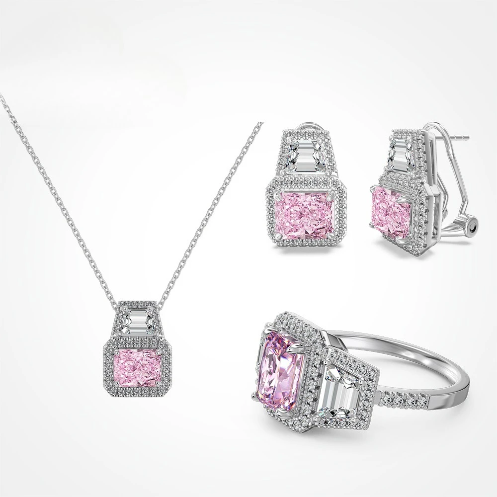 

New S925 silver ring earrings for women, luxurious and high-end, 2-carat sugar cube, ice flower cut pink, super sparkling