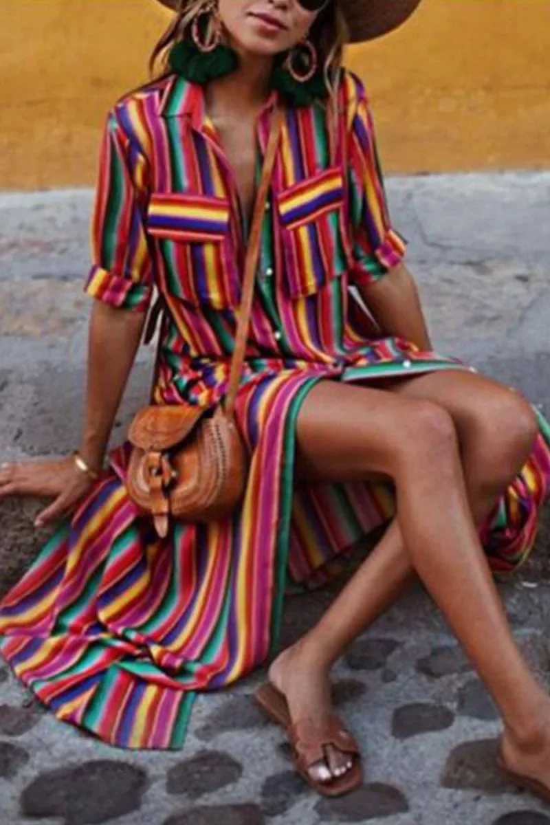 Women's Summer Long Dress 2026 Spring Split-joint Buttons Bohemia Vintage Loose Beach Vacation Striped Maxi Dresses for Woman