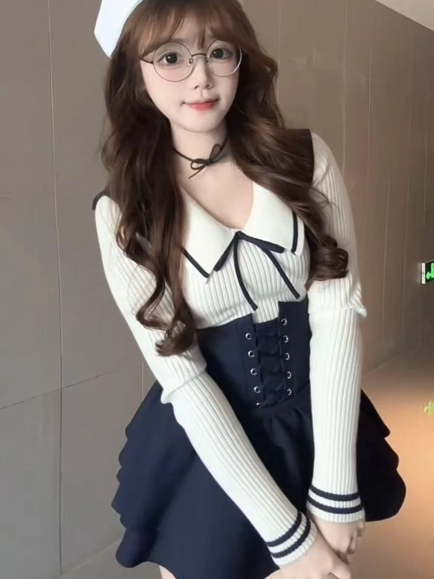 

American Preppy Sweet Bow Doll Collar Top Slim Waist Suspender Skirt 2 Piece Set Cute Academy Style Layered Outfit Spring Wear