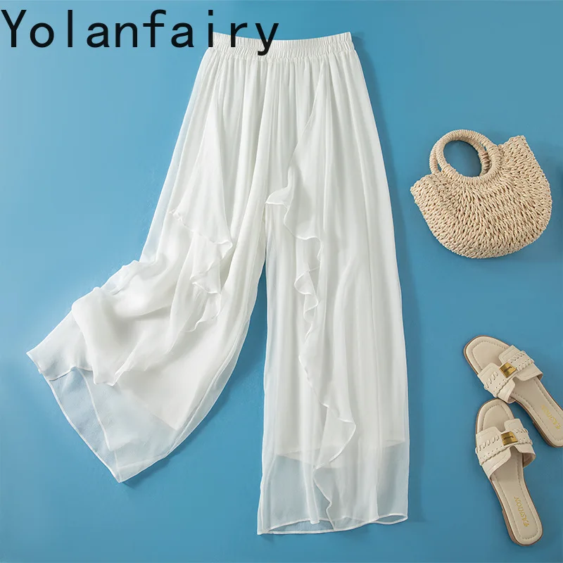 YOLANFAIRY 100% Real Mulberry Silk Pants for Women 2026 High Waist Wide Leg Pants Woman Classical Dance Trousers Casual Pants