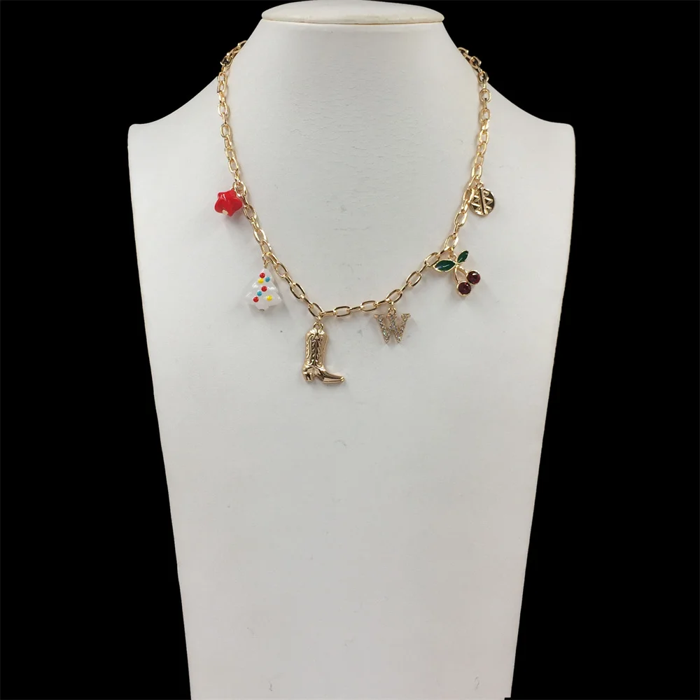 New Arrivals Gold Color W Letter Red Star Boots Cherry Charms Statement Necklace For Women Girl Casual Trendy Jewelry