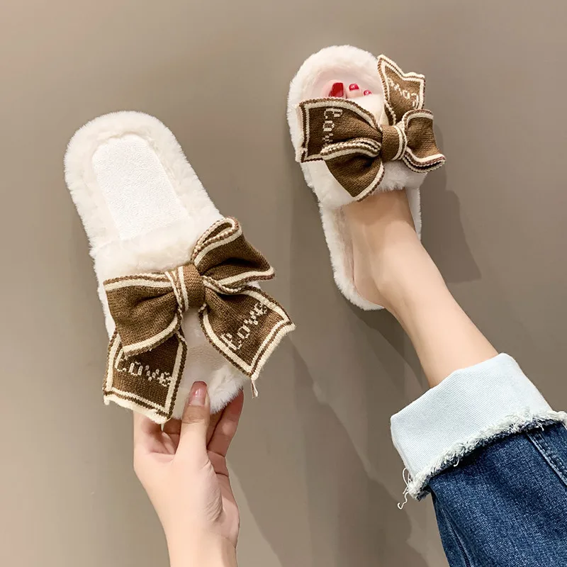 COOTELILI 2022 New Fashion Warm Women House Slippers Warm Shoes Woman Flats Bow Decoration Slippers Comfortbal Size 36-41