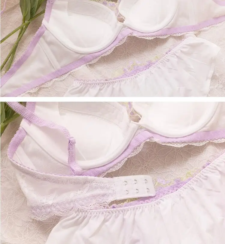 Sweet lovely girls underwear set thin section of large breasts show small steel ring gathered bra women flower lingerie