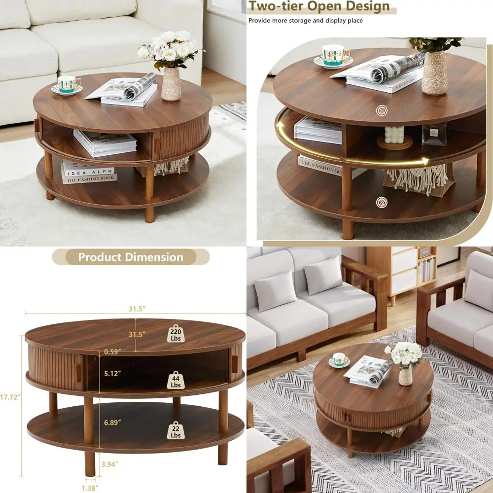 Mesa de centro moderna de mediados de siglo con almacenamiento y 2 niveles, patas de madera maciza, diseño estriado, mesa de centro con puerta de pandereta