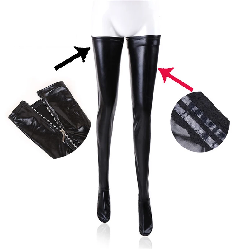 

Women Sexy Latex Zipper Stocking Lady's Black PVC Pole Dance Leather Erotic Clubwear Over Knee High Stockings Cosplay Costume