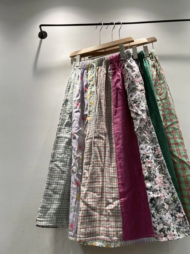 

Лето 2023, женская свободная хлопково-марлевая юбка с завязками, лоскутная юбка трапециевидной формы с высокой талией и высокой талией для молодых женщин