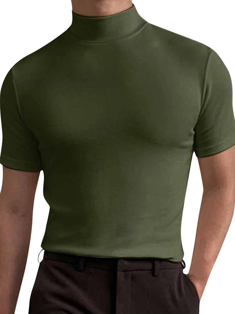 New Summer Men T-Shirts Loungewear Turtleneck Short Sleeve Solid Chic Tops Pullover Casual Fashion Daily Streetwear Dropshipping