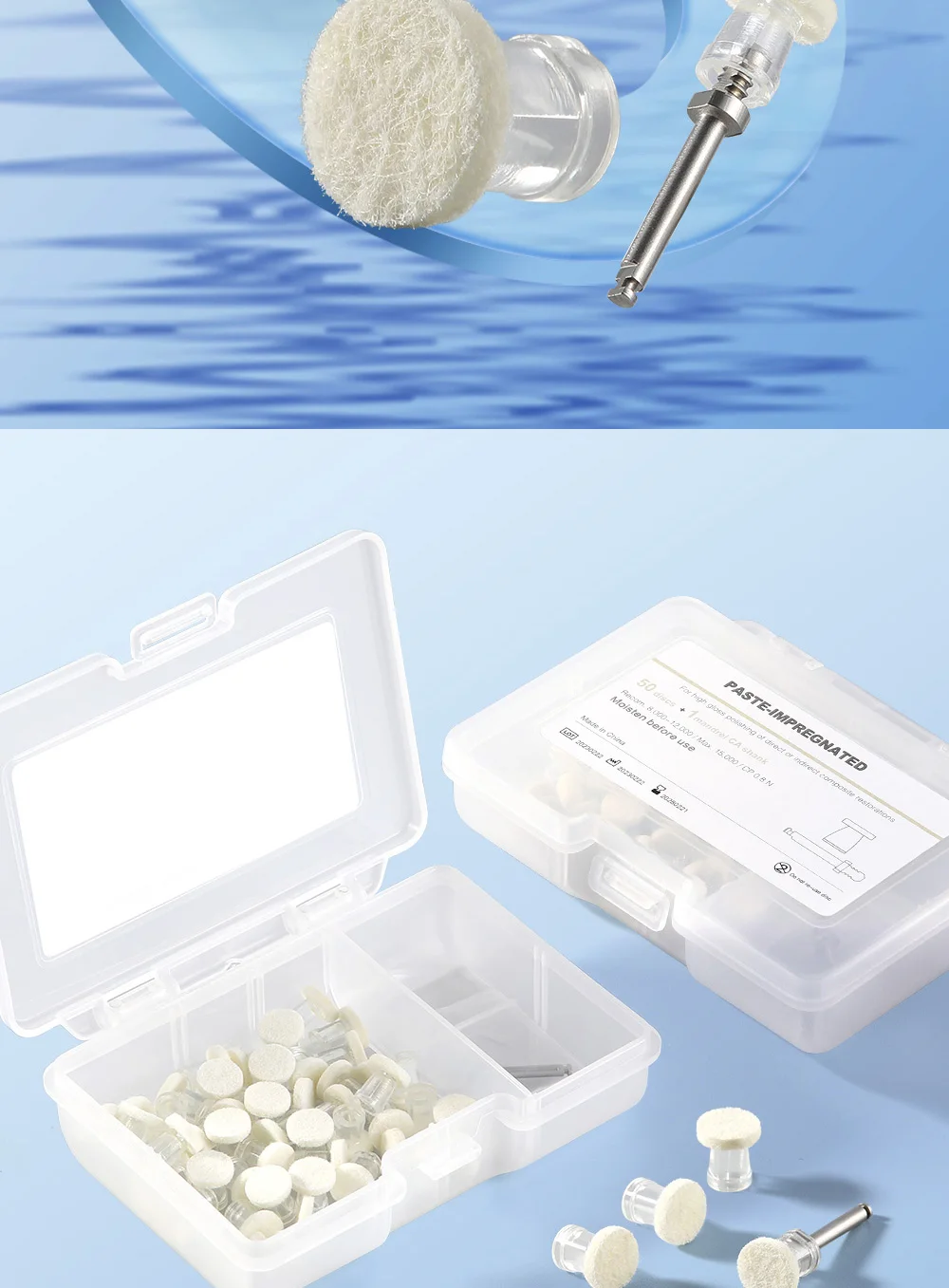 50 Stück/Box AZDENT Dental-Komposit-Polierscheiben, mit Paste imprägnierte Filzräder, 50 Scheiben, 1 Stück CA-Dorn, Einweg-Polierer – Detail 2