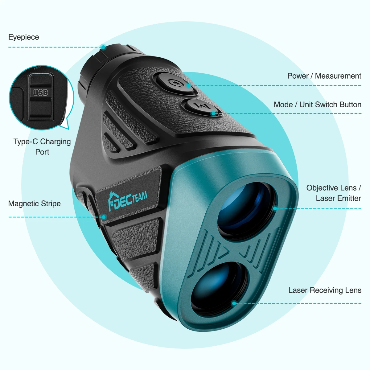 Decteam Laser Rangefinder Golf Hunting Survey Rechargeable 600m Slope Adjusted Flag-lock Vibration Laser Distance Meter DLR600