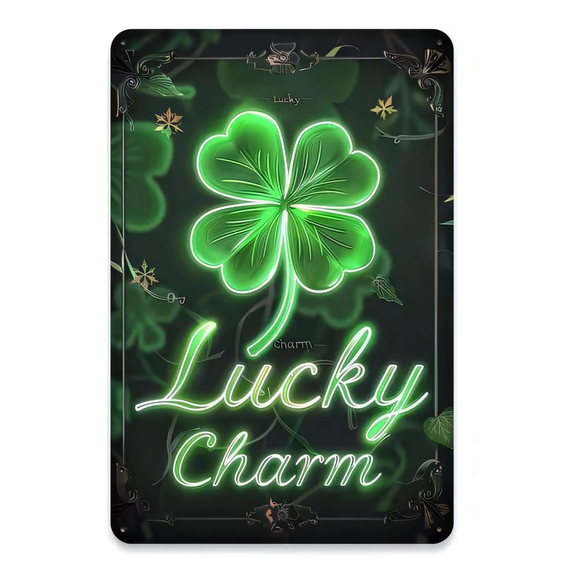 Tin Sign Lucky Charm St Patrick Neon Clover Metal Plaque Vintage Green Glow Lucky Day Wall Decor for Bar Pub Man Cave Home Garde