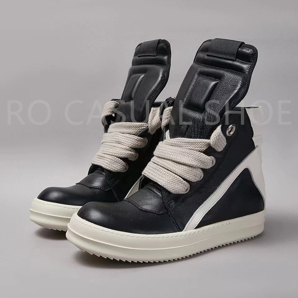 Ricks Genious Black Leather Jumbo Lace High Top Geobasket Owens Quality Men Shoe Women Sneaker Casual Owens Design boots & Shoes