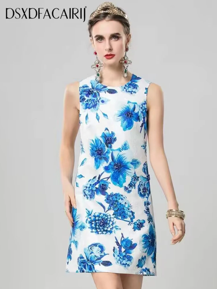 

DSXDFACAIRIJ Beading Mini Dress For Women O-Neck Sleeveless Blue Flowers Print Vintage Mini Dresses Fashion Summer Female