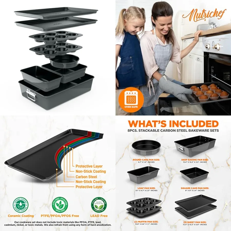 

8-Piece Nonstick Stackable Bakeware Set - PFOA, PFOS, PTFE Free Baking Pans Set w/Non-Stick Coating, 450F Oven Safe, Round Cake