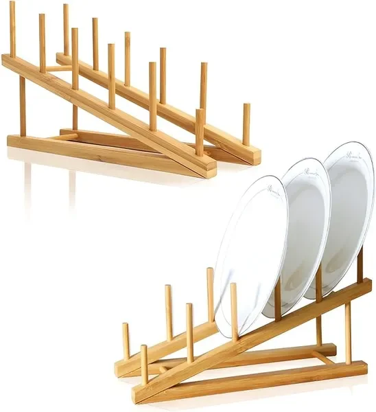 

2 PCS Wooden Dish Rack Bamboo Drying Rack Stand Pot Lid Holder Kitchen Cabinet Organizer for Dish Plate Bowl Cup Pot Lid