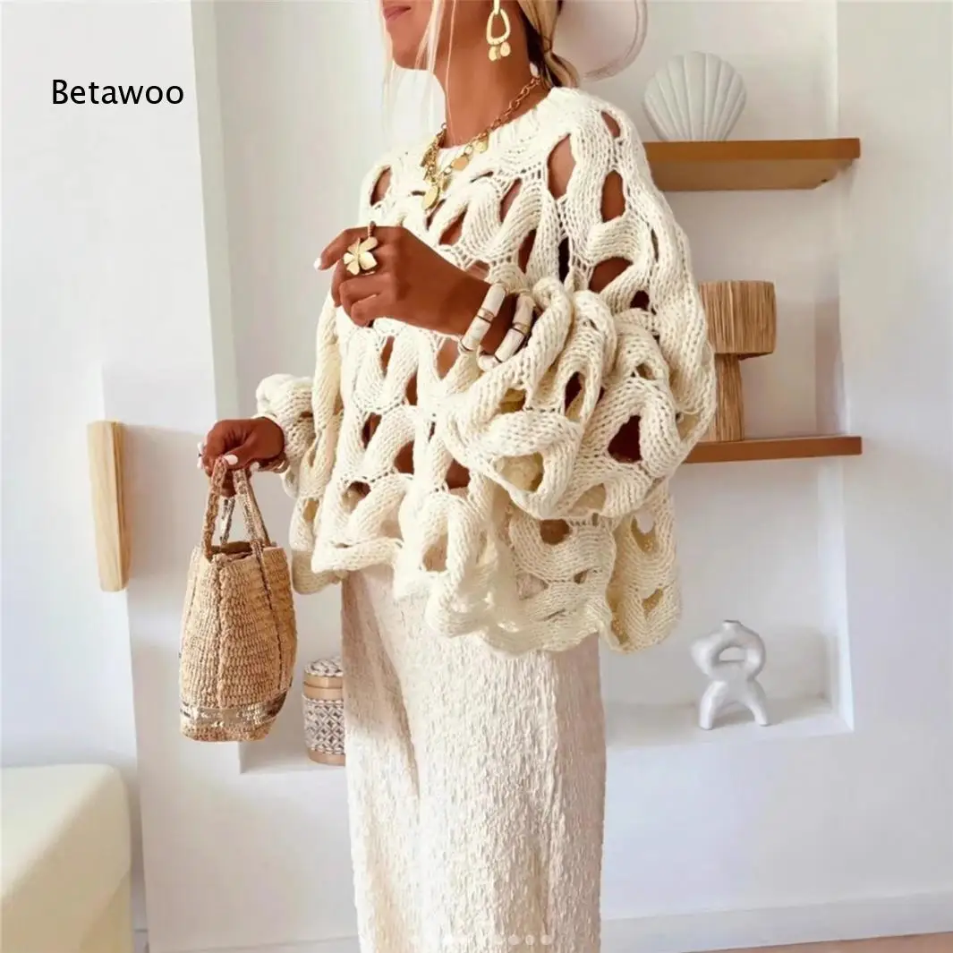Hollow Cutout Thick Knit Lantern Sleeve Daily Casual Short Knit Top