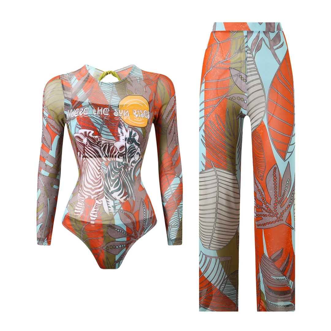 S - XXL Neuer bedruckter Badeanzug mit langen Ärmeln und Hose, einteiliger Damen-Badeanzug, floraler, gepolsterter Badeanzug, Badebekleidung, Modell V7176 – Detail 16