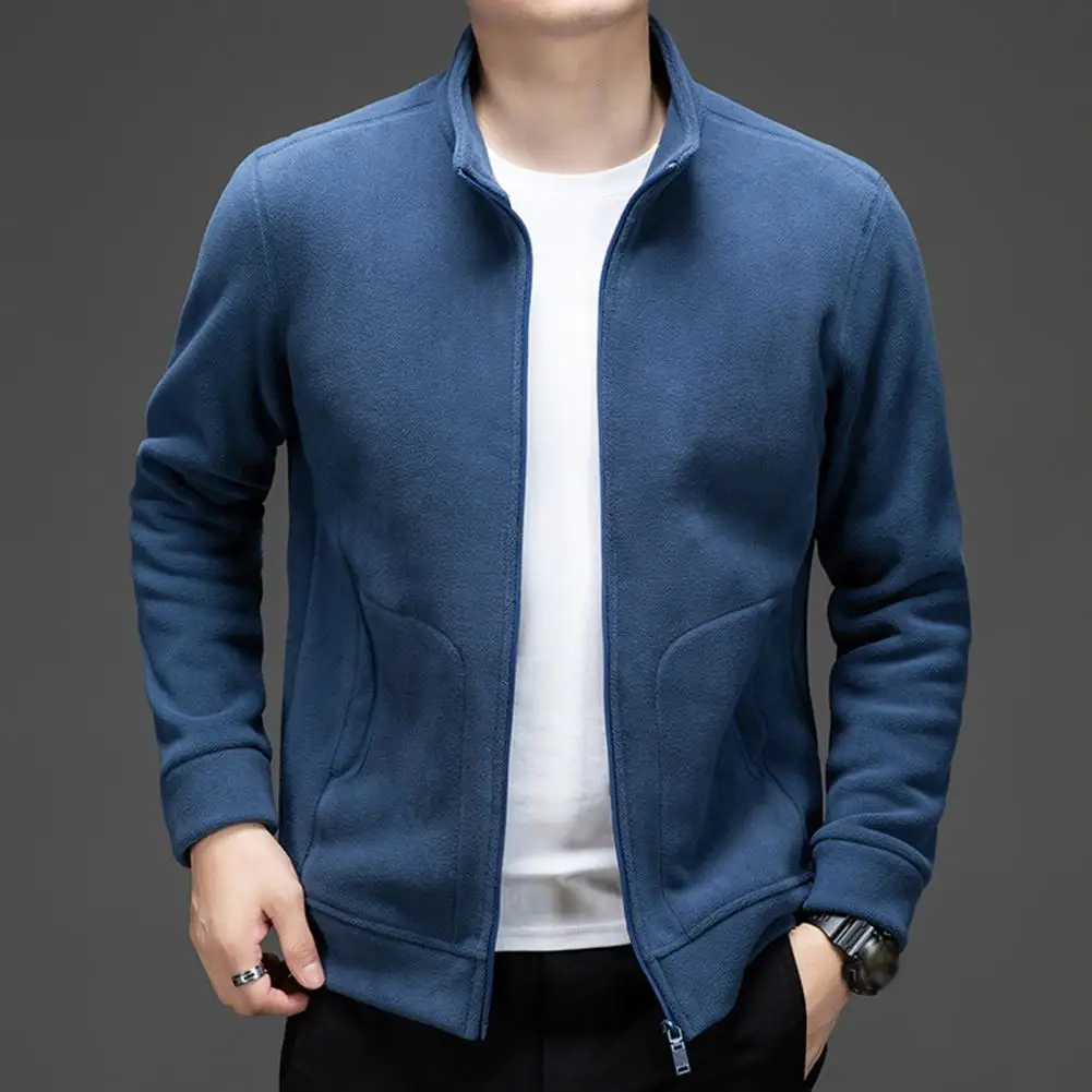 Double-sided Fleece Coat Warm Polar Fleece Jacket Stand-up Collar Long Sleeves Zip-up Mid Length Jacket Men Spring Autumn Coat