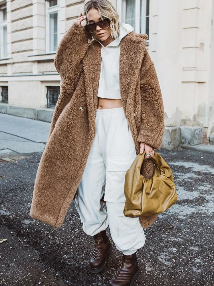 

Lapel Lamb Fur Faux Fur Coat Chic Thick Warm Fur Jacket Woman Clothes Coats Winter Long Brown Teddy Coat Woman Oversized