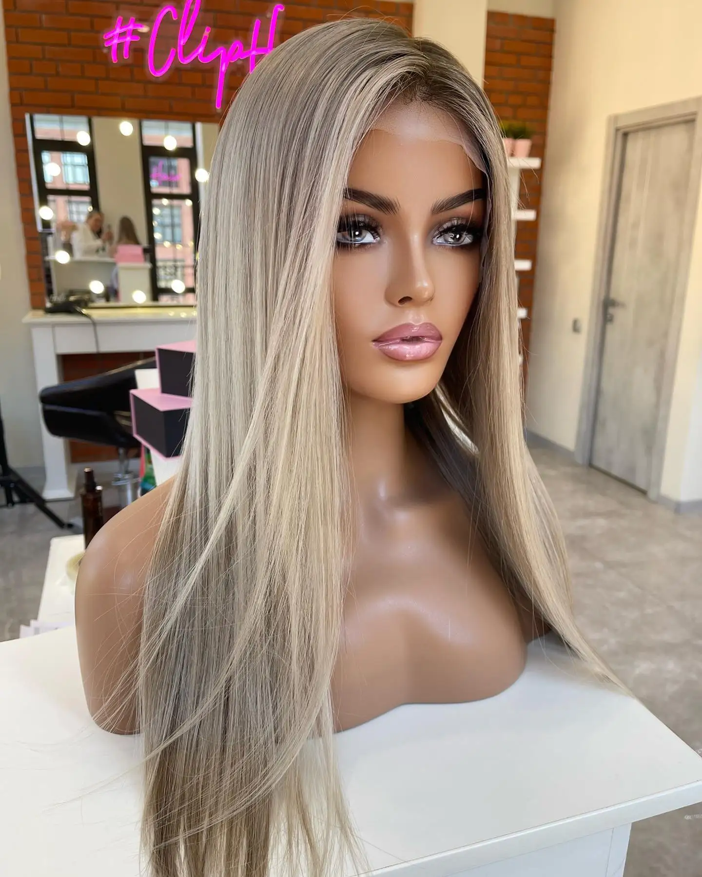 

Balayage Mixed Ash Blonde Highlights Long Straight Wig Dark Root Free Part 24-Inch Synthetic Fringe Wig Natural Ash Blonde Wig