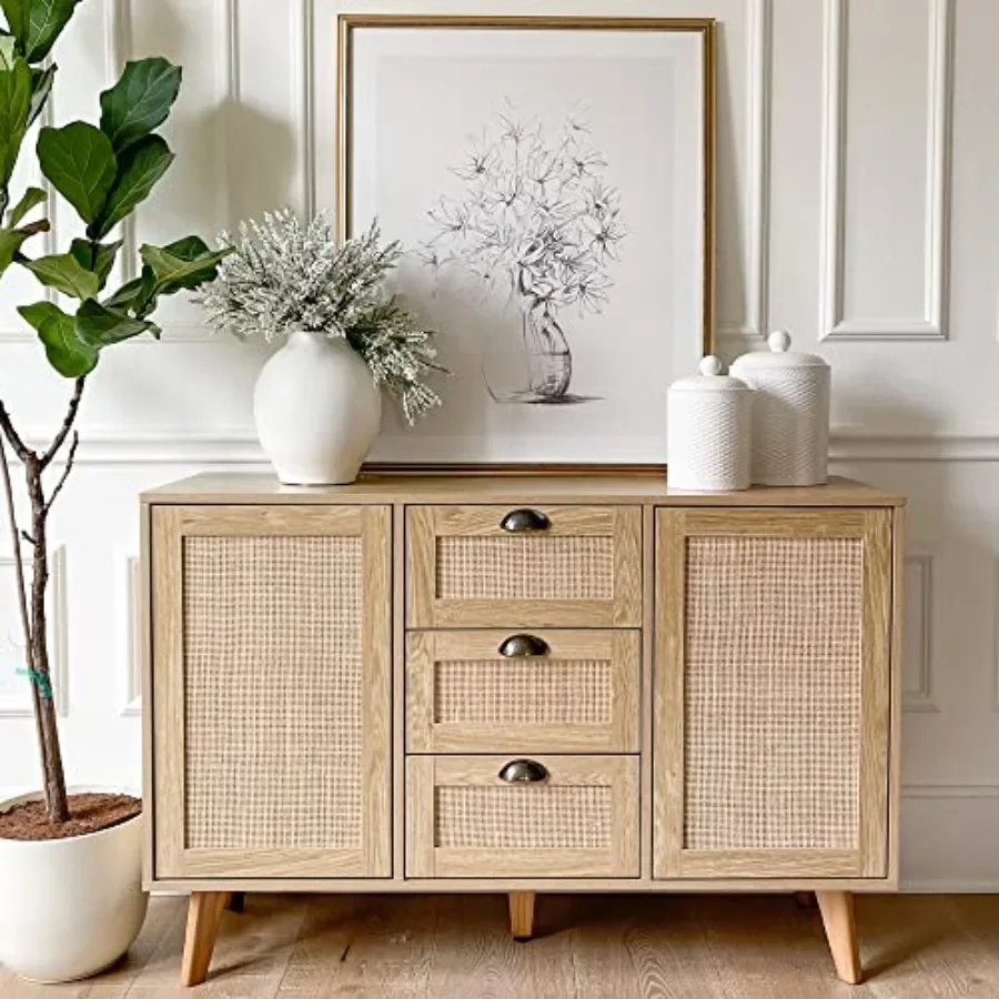 Cabinet Sideboard, Buffet Cabinet with Storage for Dining Room, Solid Wood, Natural Oak Finish, Ample Concealed Storage Space