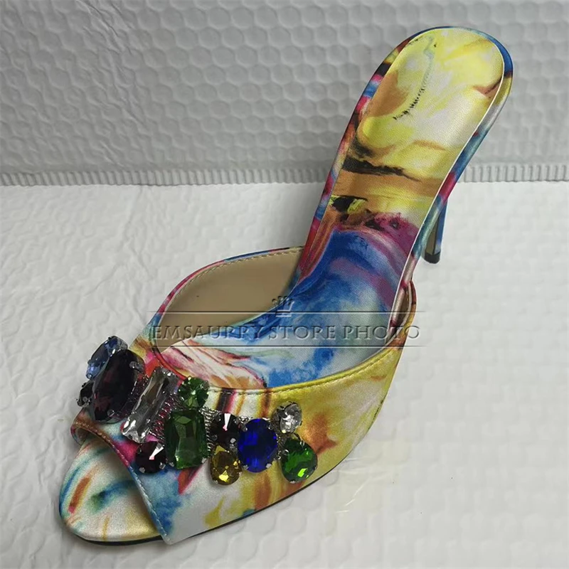 Colorful Satin 10cm Stiletto Heel Sandals Women Rhinestone Jeweled Diamond Decor Slingbacks Summer Mules