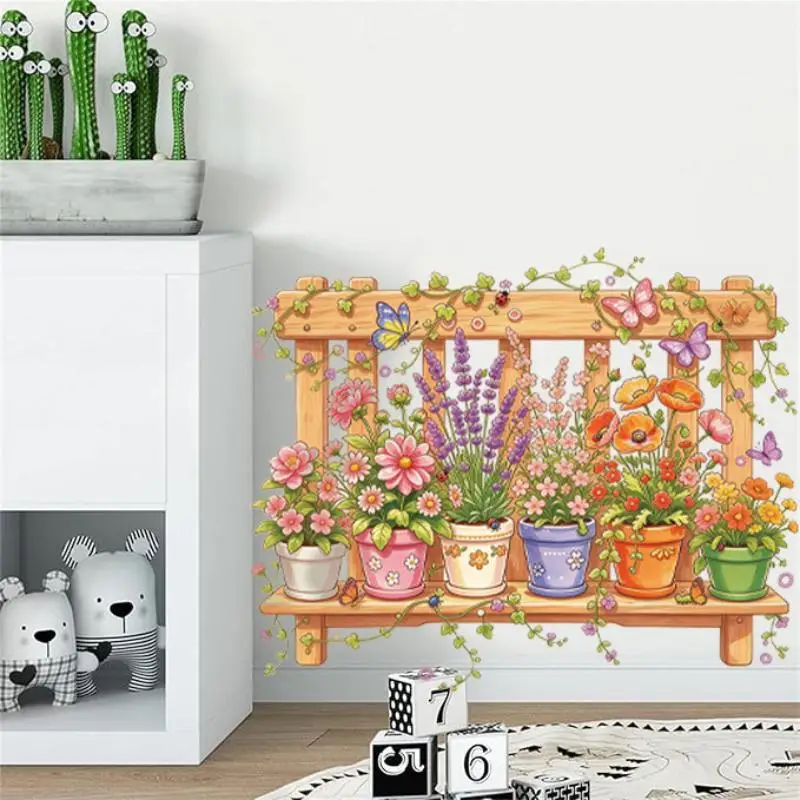 Vibrant Potted Flower Fence Wall Decal With Cute Butterfly Pattern For Bedroom Living Room Home Wall Decor