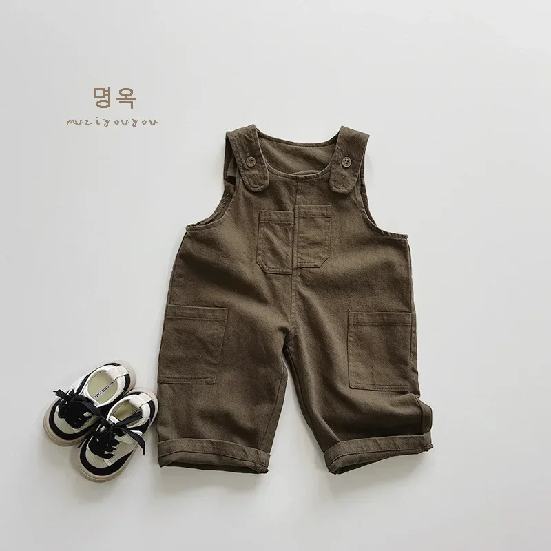 Autumn Boy Girl Children Retro Pockets Overalls Kids Loose Casual Suspenders Jumpsuit Baby Cotton Pants Infant All-match Trouser