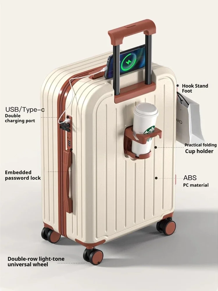 空港承認の20インチ機内持ち込み手荷物スーツケース、内蔵パワーバンクと飲料スロット、耐久性のあるトロリースーツケース荷物