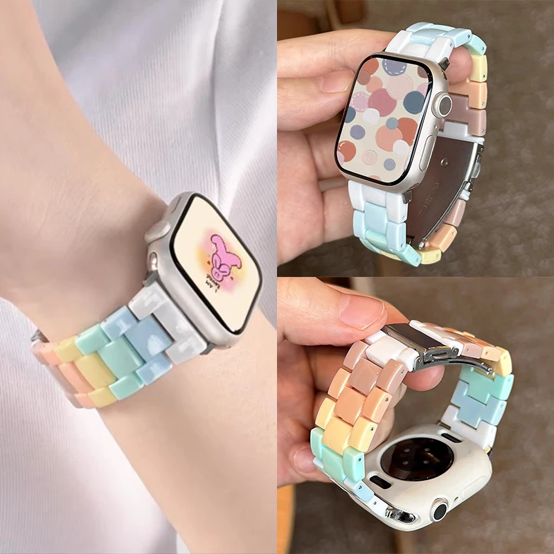 

Поп-новый ремешок из смолы радужного цвета для Apple Watch 42 мм 45 44 41 40 мм Macaron Girl Ремешок для часов IWatch 8 7 6 5 4 3 Band Accesso